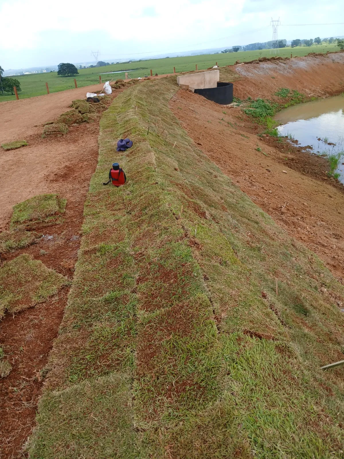 Talude de aterro revestido com placas de grama fixadas por estacas