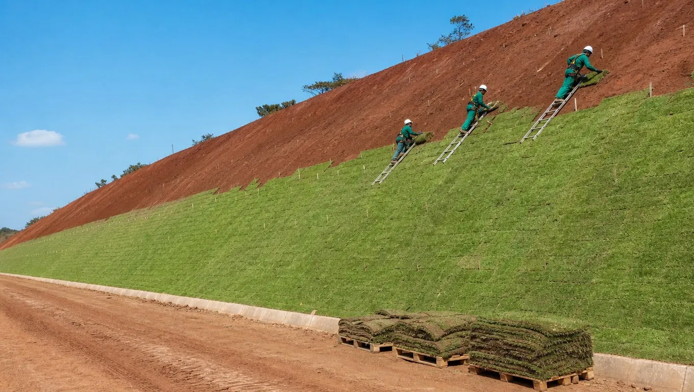 Equipe revestindo um talude de terra com placas de grama natural